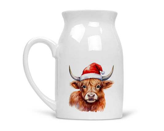 Festive Highland Cow Jug – Handprinted Watercolour Design