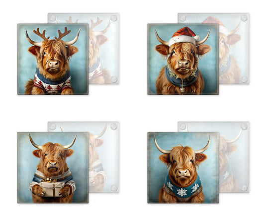 Festive Highland Cow Glass Coaster Set – Quirky Christmas Cows