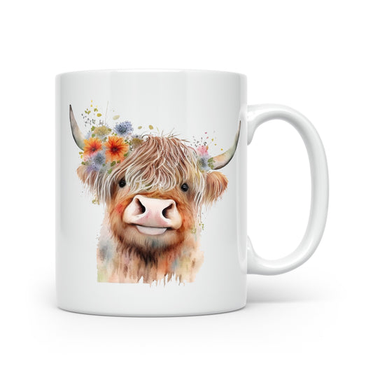 Highland Cow Mug Collection – Watercolour Designs with Floral Crowns