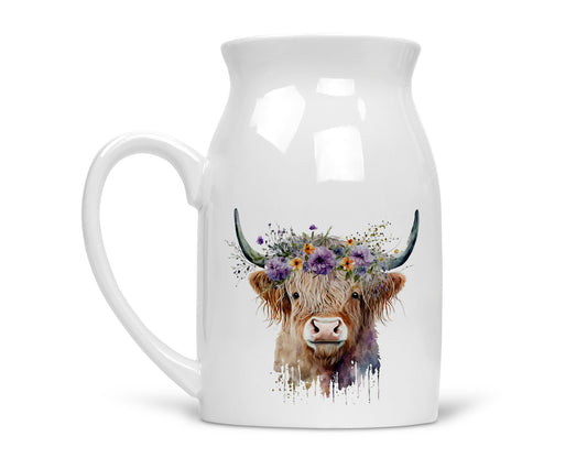 Noble & Page | Charming Highland Cow Milk Jug - Versatile Jug or Vase | Beautiful Hand Printed Gift