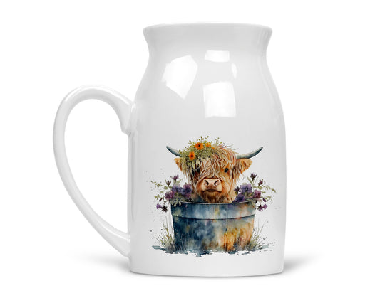 Noble & Page | Charming Highland Cow Milk Jug - Versatile Jug or Vase | Beautiful Hand Printed Gift