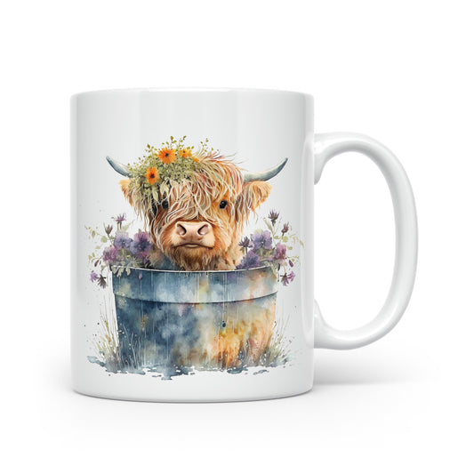 Highland Cow Mug Collection – Watercolour Designs with Floral Crowns