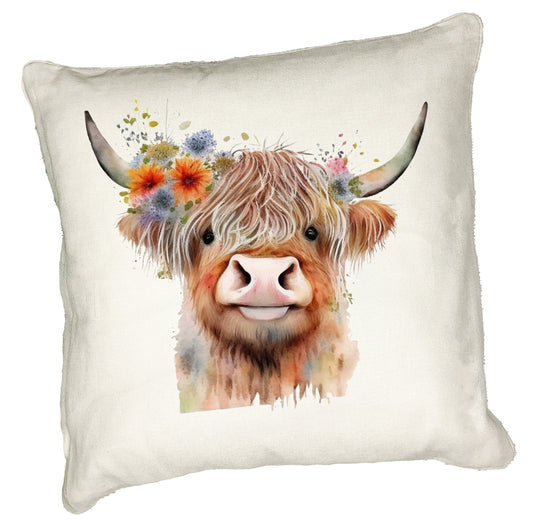 Highland Cow Cushion Collection – Watercolour Designs with Floral Crowns