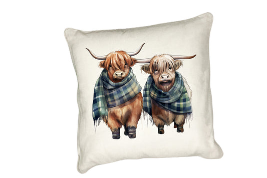 Highland Cow Cushion Collection – Watercolour Designs with Cows in Tartan Scarves