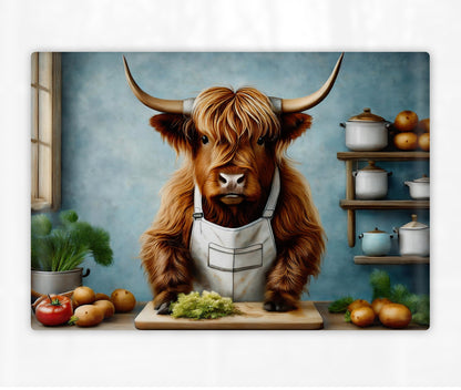 Highland Cow Chef Glass Chopping Board – Fun and Functional Kitchen Decor - Full Colour