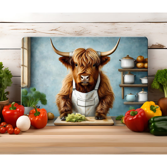 Highland Cow Chef Glass Chopping Board – Fun and Functional Kitchen Decor - Full Colour