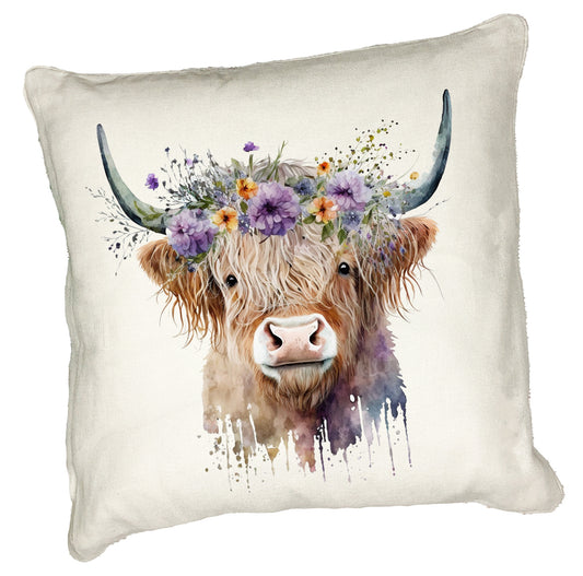 Highland Cow Cushion Collection – Watercolour Designs with Floral Crowns