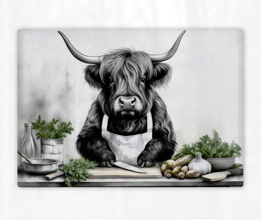 Highland Cow Chef Glass Chopping Board – Fun and Functional Kitchen Decor - Black & White