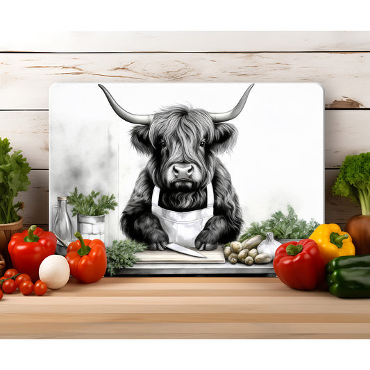 Highland Cow Chef Glass Chopping Board – Fun and Functional Kitchen Decor - Black & White