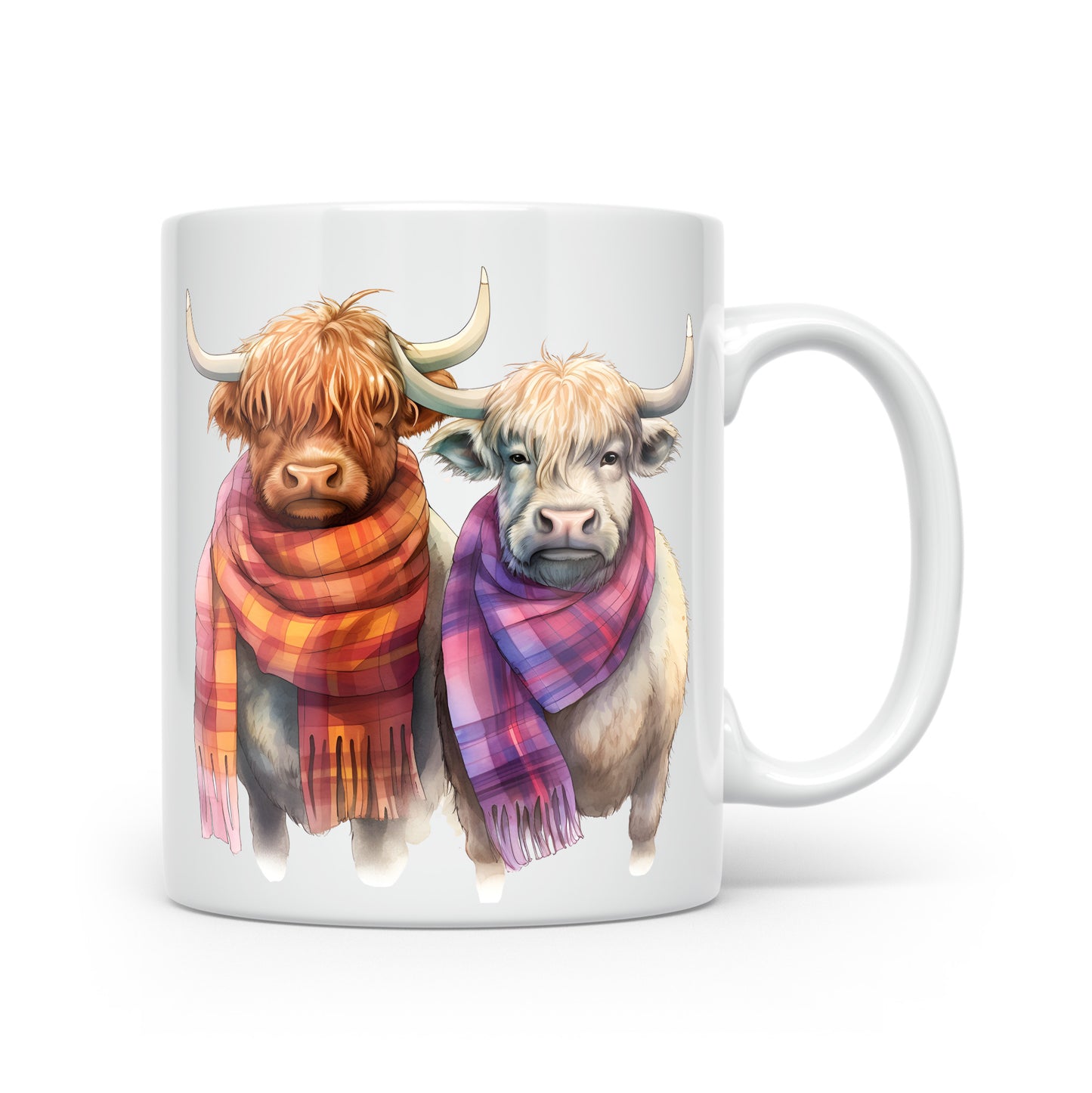 Highland Cow Mug Collection – Watercolour Cows in Tartan Scarves