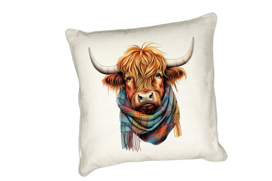 Highland Cow Cushion Collection – Watercolour Designs with Cows in Tartan Scarves