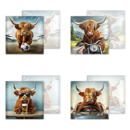 Highland Cow Glass Coaster Set – Fun and Quirky Designs - Set 1