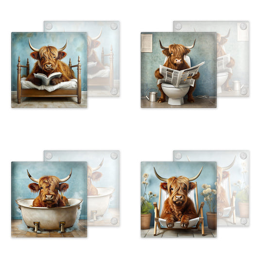 Highland Cow Glass Coaster Set – Fun and Quirky Designs - Set 2