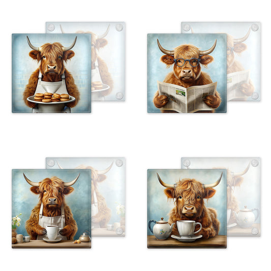 Highland Cow Glass Coaster Set – Fun and Quirky Designs - Set 3