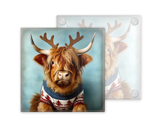 Festive Highland Cow Glass Coaster Set – Quirky Christmas Cows