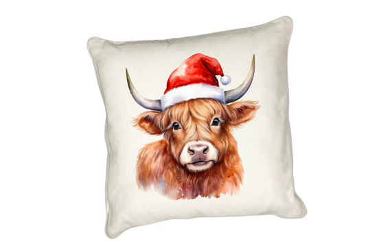 Christmas Highland Cow Cushion – Handprinted Watercolour Design