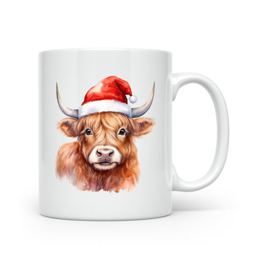 Festive Highland Cow Mug – Handprinted Watercolour Design