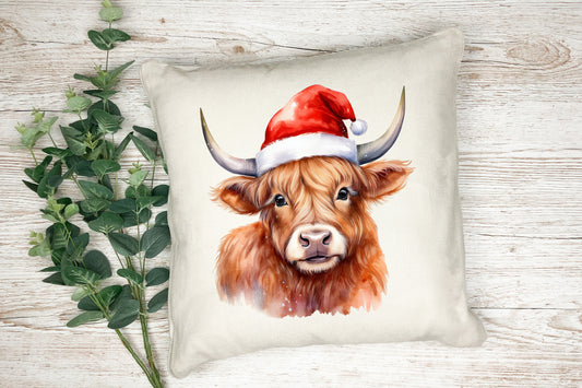 Christmas Highland Cow Cushion – Handprinted Watercolour Design