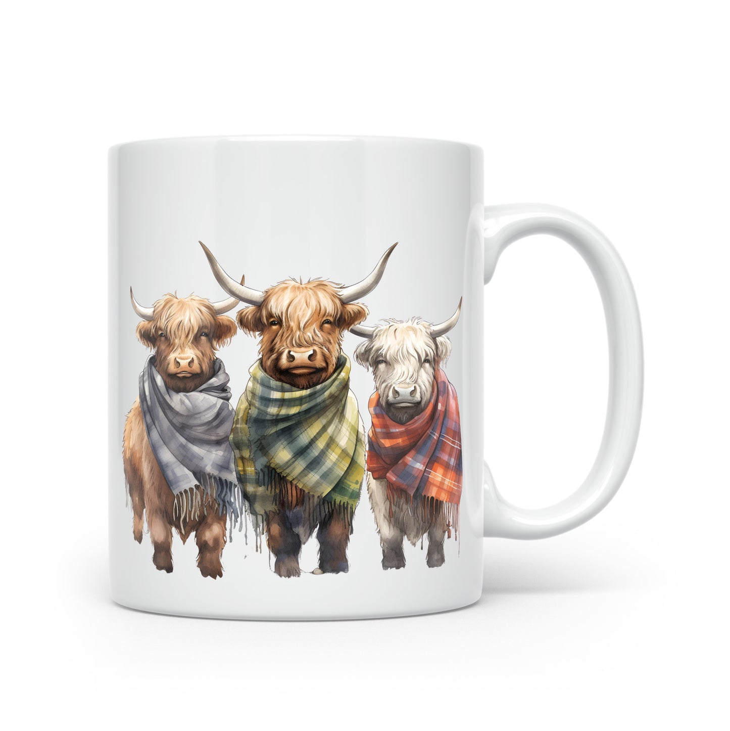 Highland Cow Mug Collection – Watercolour Cows in Tartan Scarves