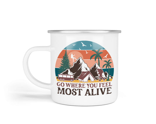 Colourful Retro Enamel Camping Mugs – Vibrant Designs for Outdoor Adventures